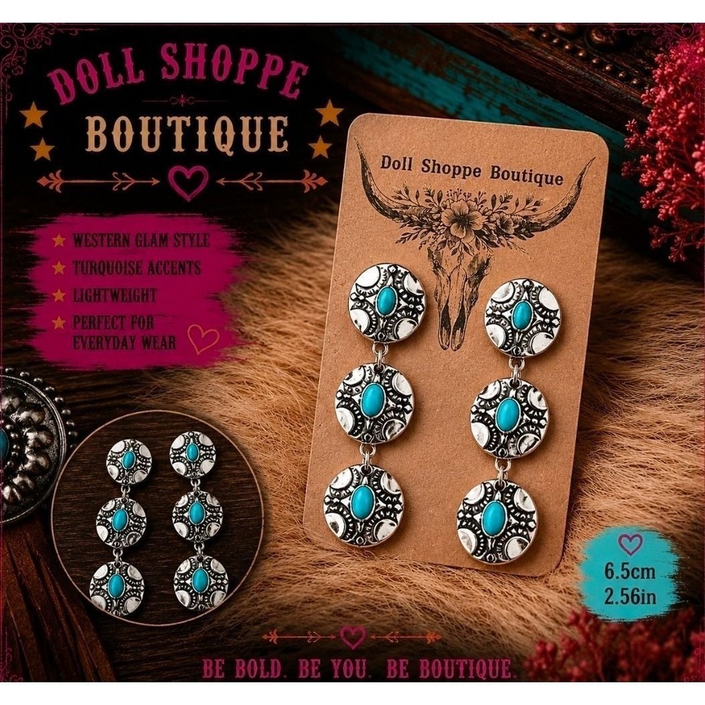 Western Glam Turquoise Triple Drop Statement Earrings